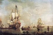 Thomas Mellish The Royal Caroline in a calm estuary flying a Royal standard and surrounded by an attendant barge and other small boats Sweden oil painting artist